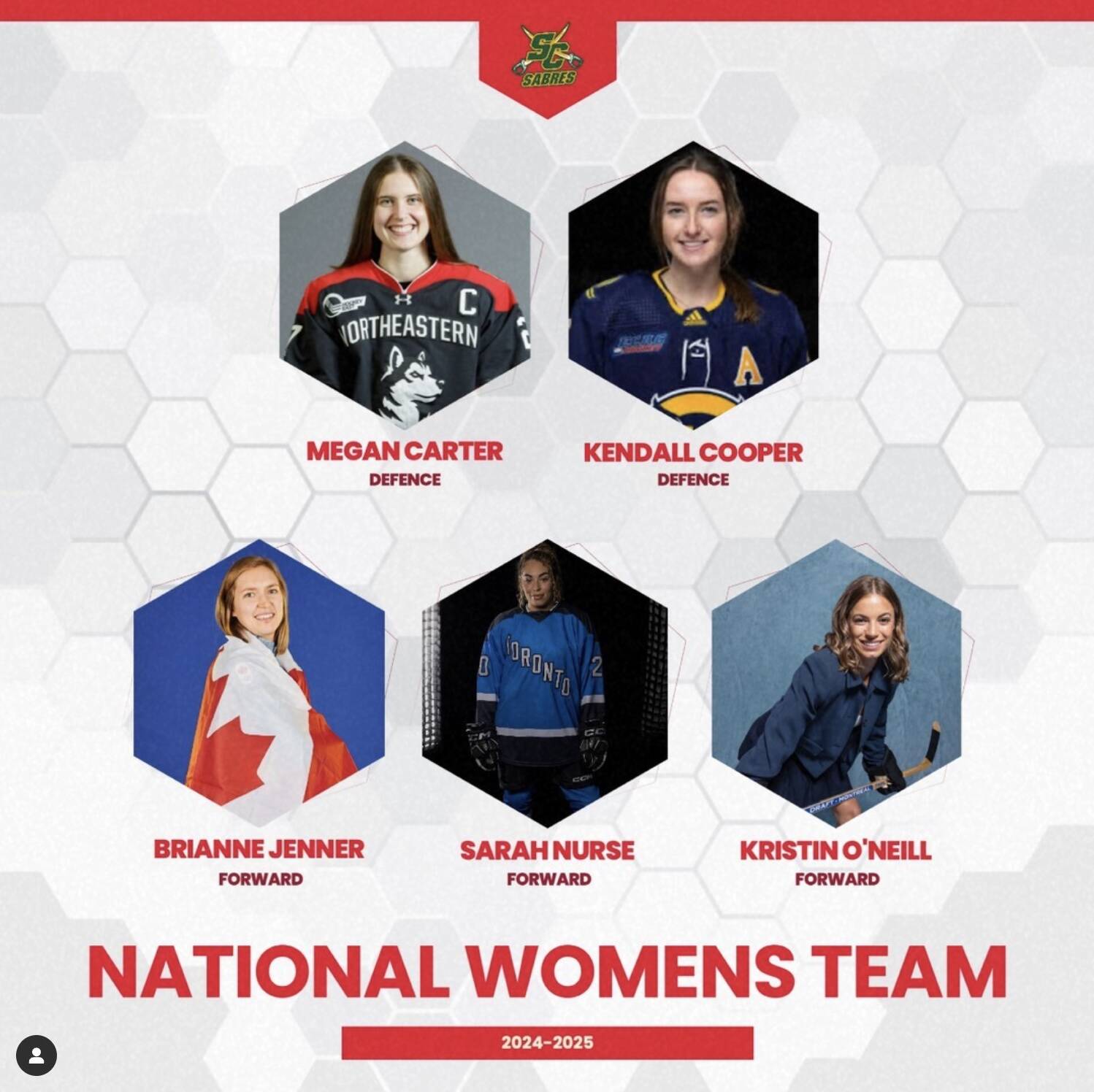 Team Canada National Women's Team Stars from Stoney Creek Sabres Program - Megan Carter, Kendall Cooper, Brianne Jenner, Sarah Nurse, and Kristin O'Neill